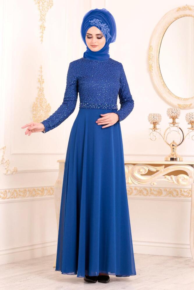 Blue Royal-Tesettürlü Abiye Elbise - Robe de Soirée Hijab 84620SX - 1