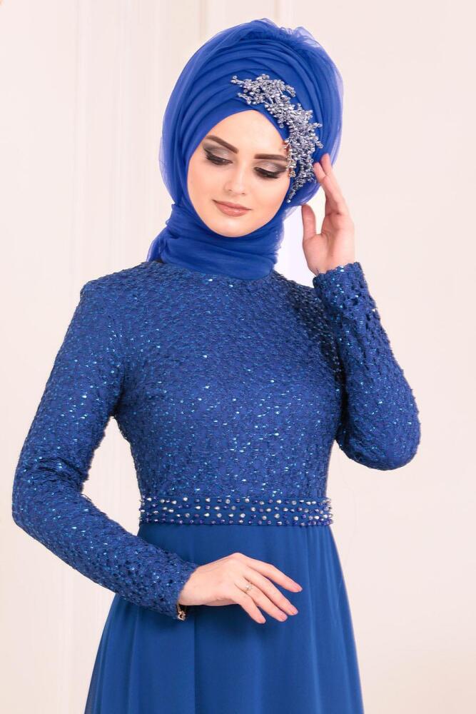 Blue Royal-Tesettürlü Abiye Elbise - Robe de Soirée Hijab 84620SX - 2