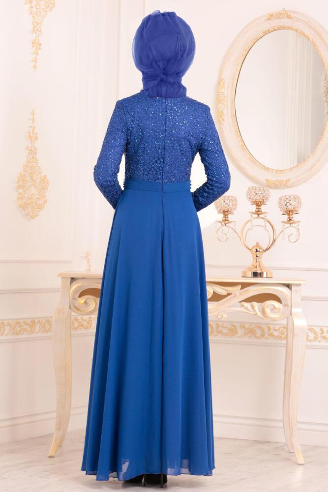 Blue Royal-Tesettürlü Abiye Elbise - Robe de Soirée Hijab 84620SX - 3