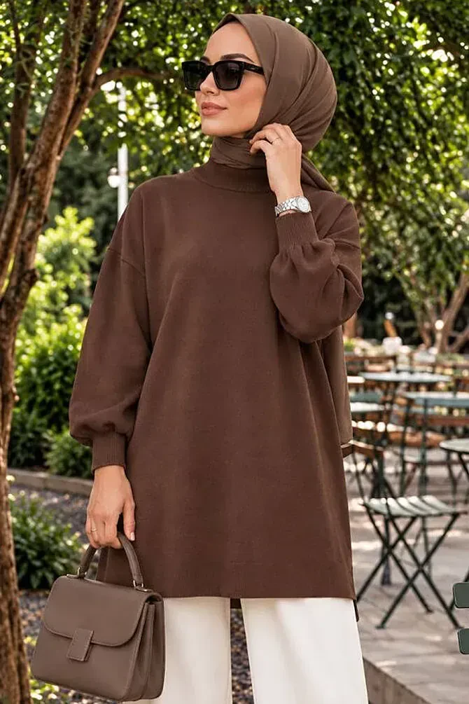 Boğazlı Kahverengi Tesettür Triko Kazak 10381KH - 1