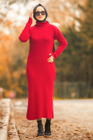Boğazlı Kırmızı Tesettür Triko Elbise 2101K - Thumbnail