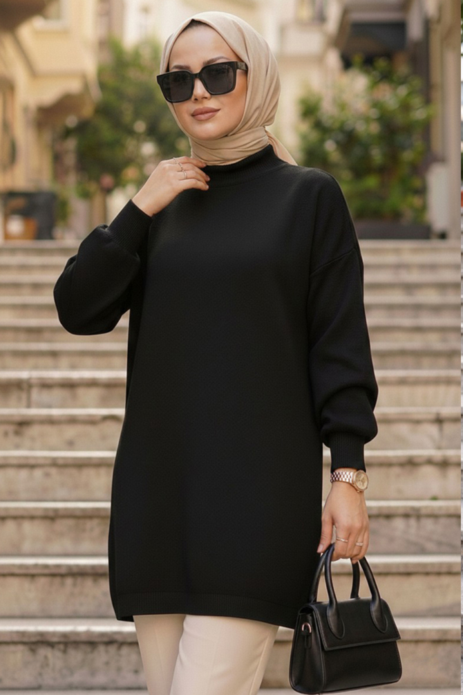 Boğazlı Siyah Tesettür Triko Kazak 10381S - 1