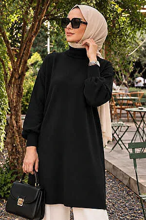 Boğazlı Siyah Tesettür Triko Kazak 10381S 