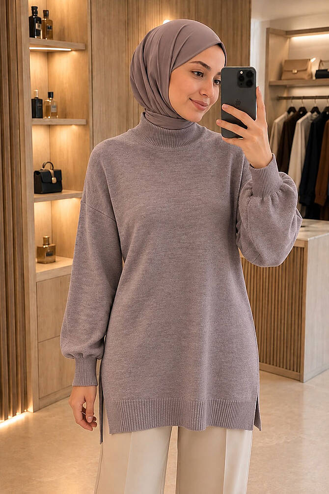 Boğazlı Vizon Tesettür Triko Kazak 10381V - 1