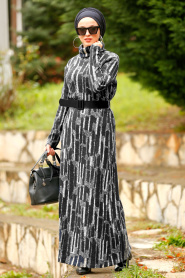 Boğazlı Yaka Siyah Tesettür Elbise 4248S - Thumbnail