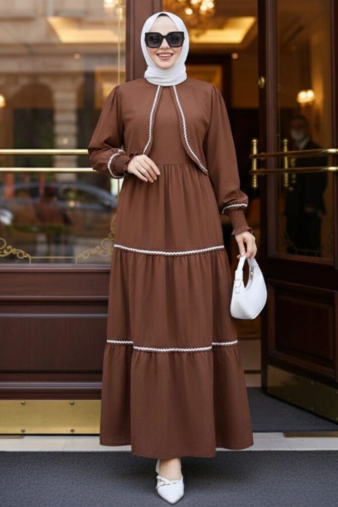 Bolero Detailed Brown Modest Dress 20325KH - 1