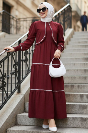 Bolero Detaylı Bordo Tesettür Elbise 20325BR 