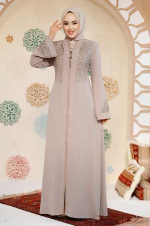 Boncuk Detaylı Bej Tesettür Abaya 17007BEJ - 1