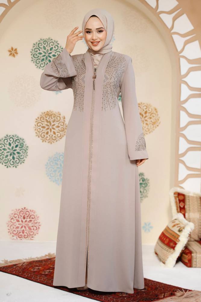 Boncuk Detaylı Bej Tesettür Abaya 17007BEJ - 1