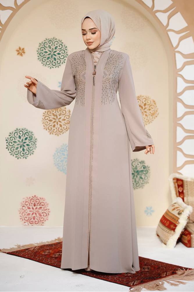 Boncuk Detaylı Bej Tesettür Abaya 17007BEJ - 2