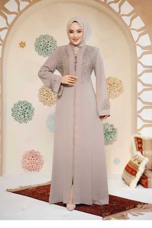 Boncuk Detaylı Bej Tesettür Abaya 17007BEJ - 3