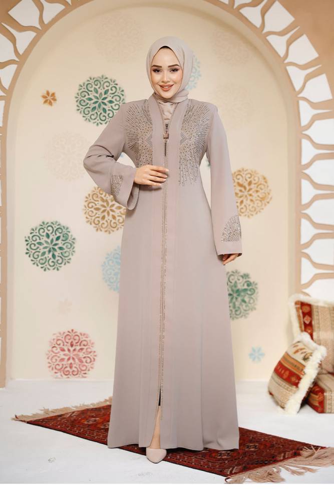 Boncuk Detaylı Bej Tesettür Abaya 17007BEJ - 3