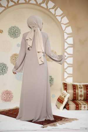 Boncuk Detaylı Bej Tesettür Abaya 17007BEJ - 4