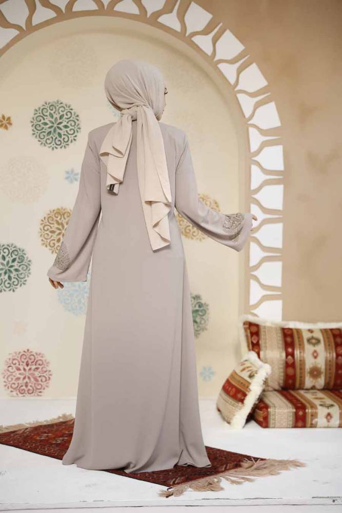 Boncuk Detaylı Bej Tesettür Abaya 17007BEJ - 4