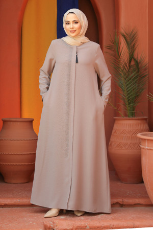 Boncuk Detaylı Bej Tesettür Abaya 26331BEJ - 1