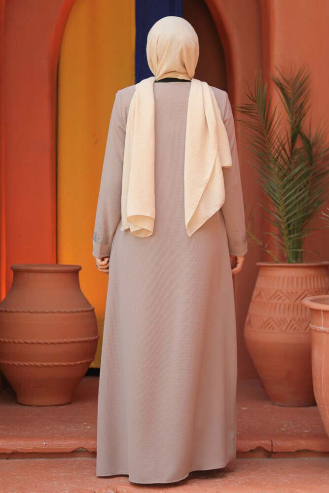 Boncuk Detaylı Bej Tesettür Abaya 26331BEJ - 3