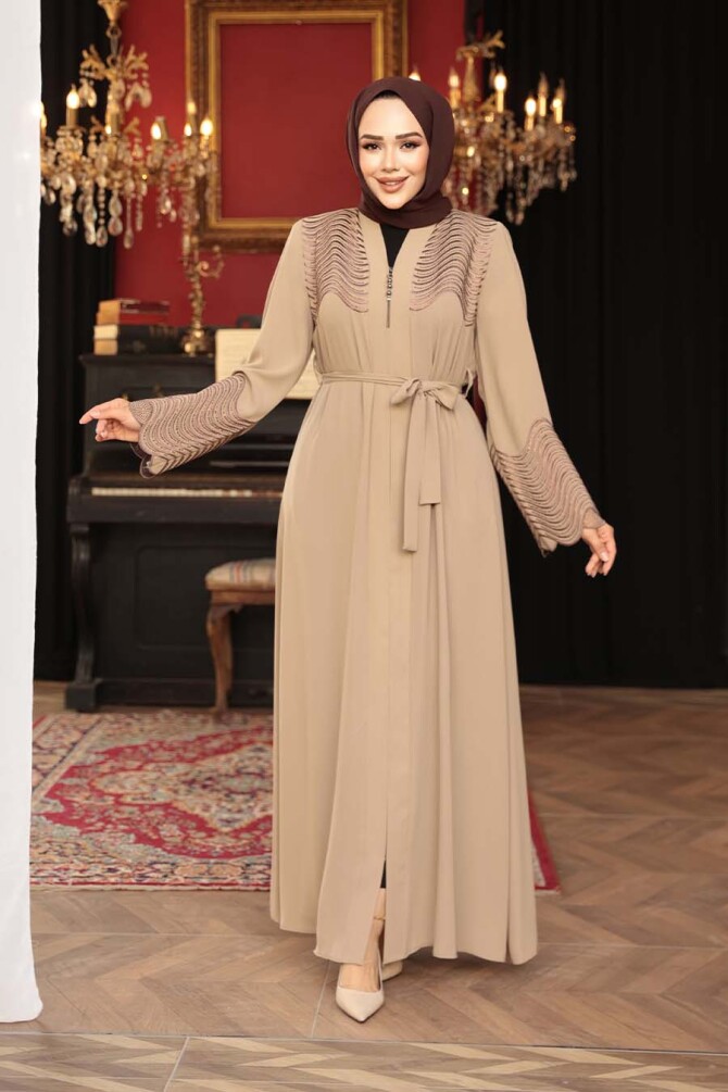 Boncuk Detaylı Bej Tesettür Abaya 29105BEJ - 2