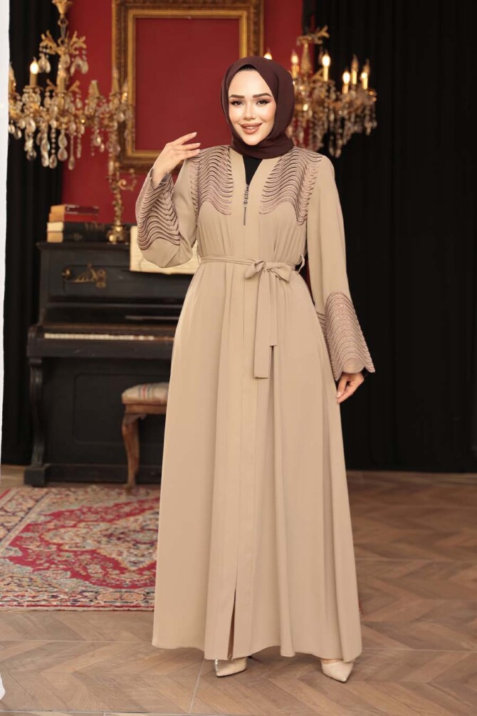 Boncuk Detaylı Bej Tesettür Abaya 29105BEJ - 3