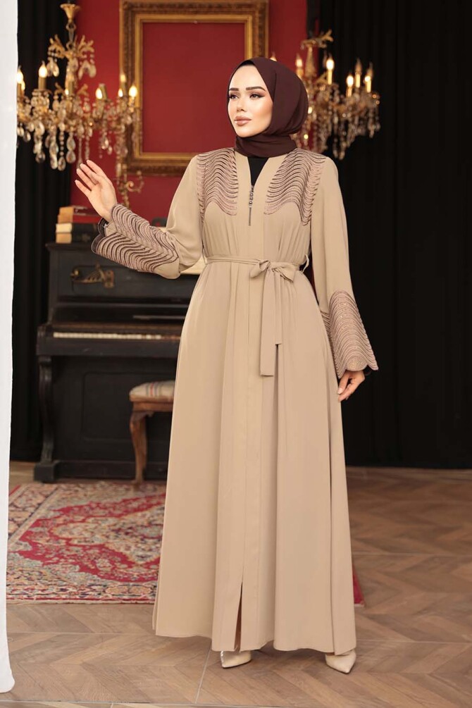 Boncuk Detaylı Bej Tesettür Abaya 29105BEJ - 4