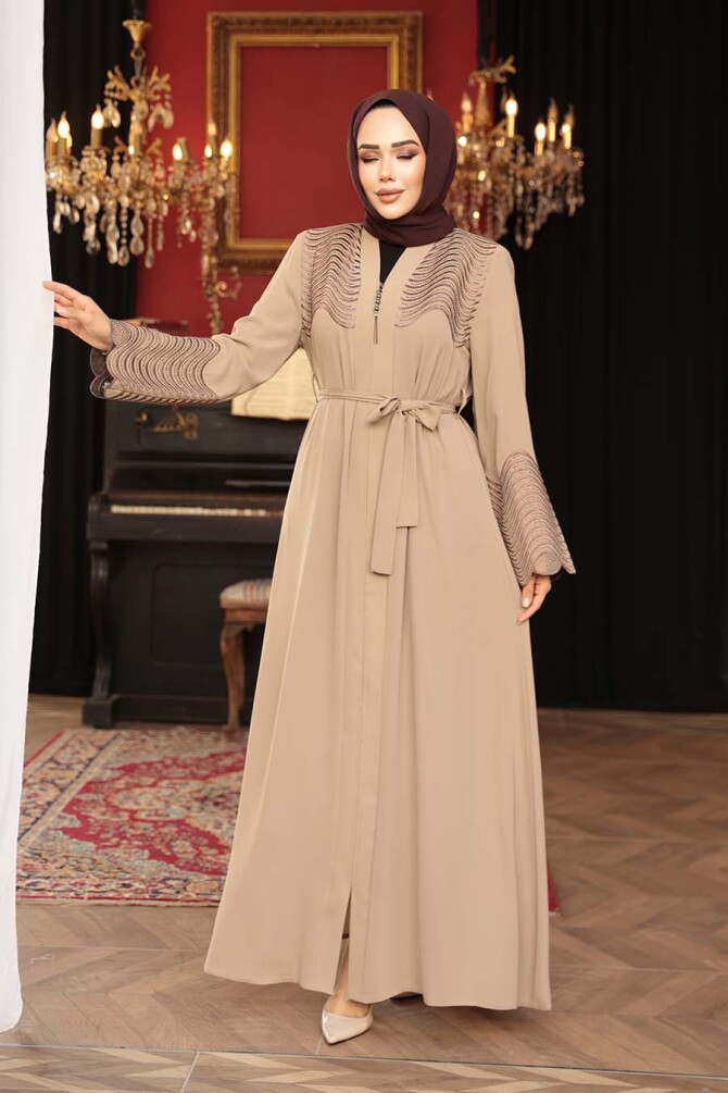 Boncuk Detaylı Bej Tesettür Abaya 29105BEJ - 1