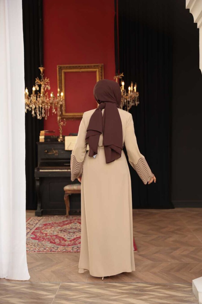 Boncuk Detaylı Bej Tesettür Abaya 29105BEJ - 5