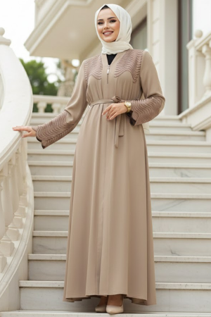 Boncuk Detaylı Bej Tesettür Abaya 29105BEJ - 1