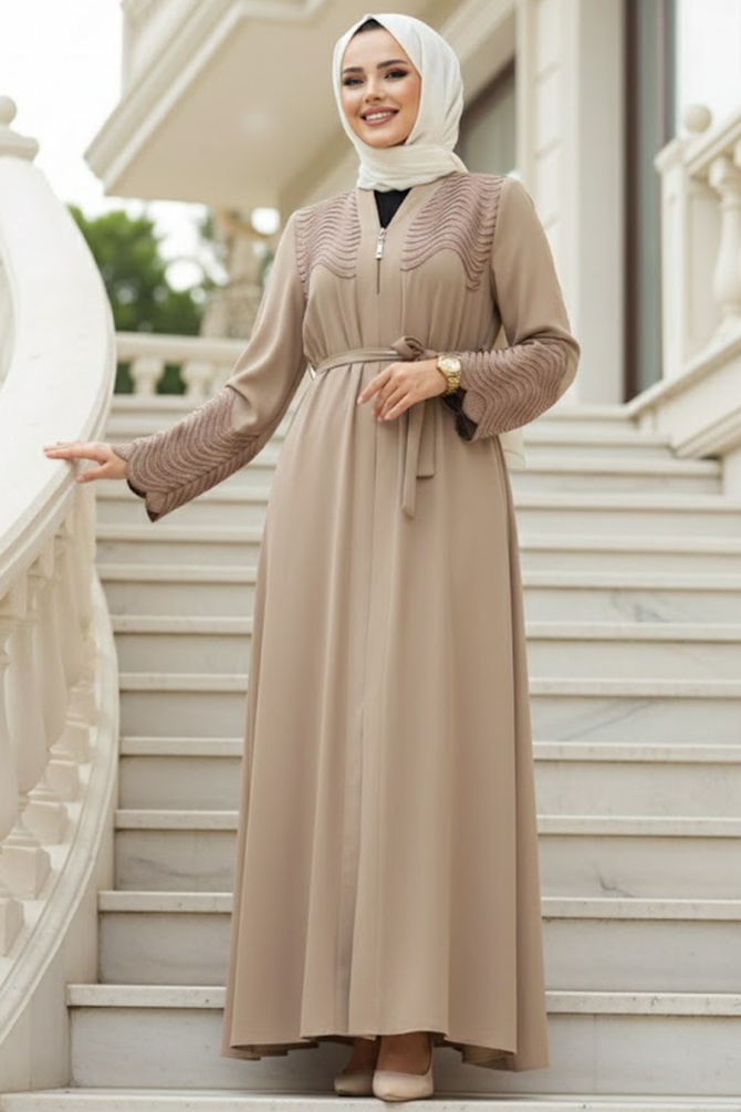 Boncuk Detaylı Bej Tesettür Abaya 29105BEJ - 1