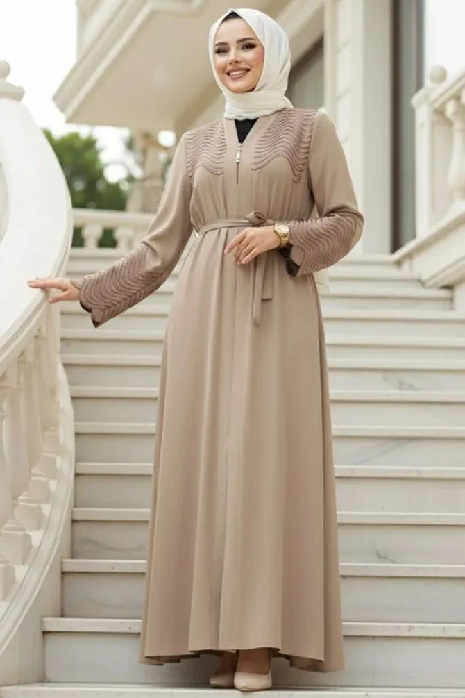 Boncuk Detaylı Bej Tesettür Abaya 29105BEJ - 1