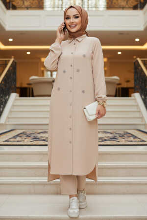 Boncuk Detaylı Bej Tesettür İkili Takım 12082BEJ - NEVA STYLE