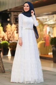 Boncuk Detaylı Beyaz Tesettür Abiye Elbise 39560B - Thumbnail