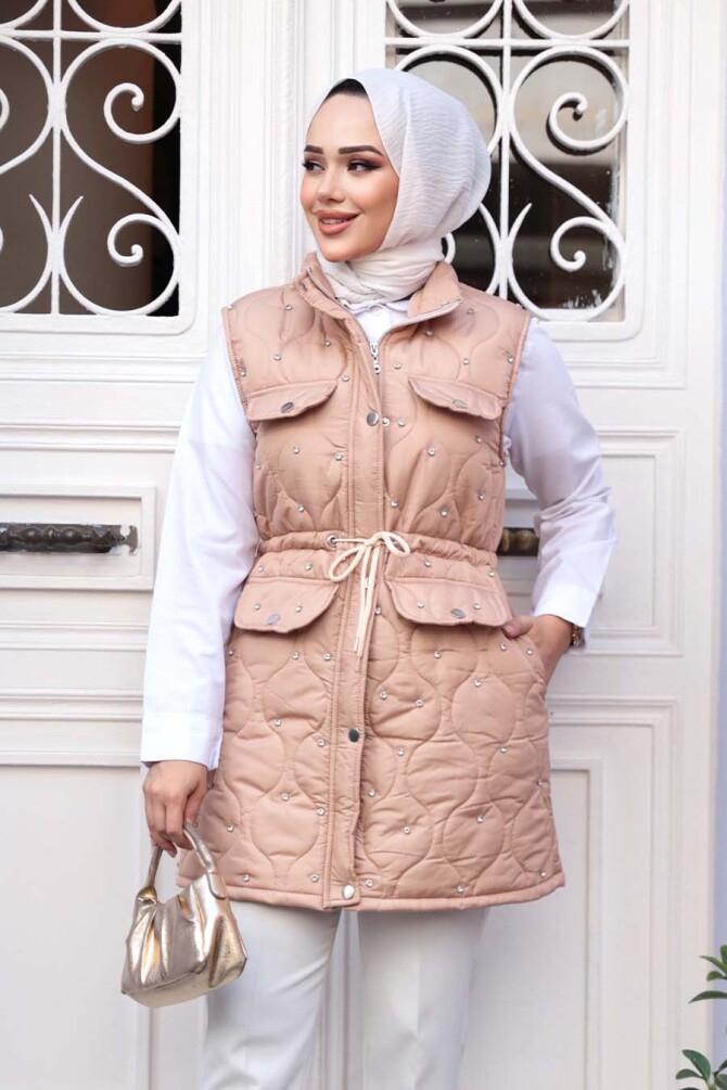 Boncuk Detaylı Bisküvi Tesettür Şişme Yelek 80321BS - NEVA STYLE