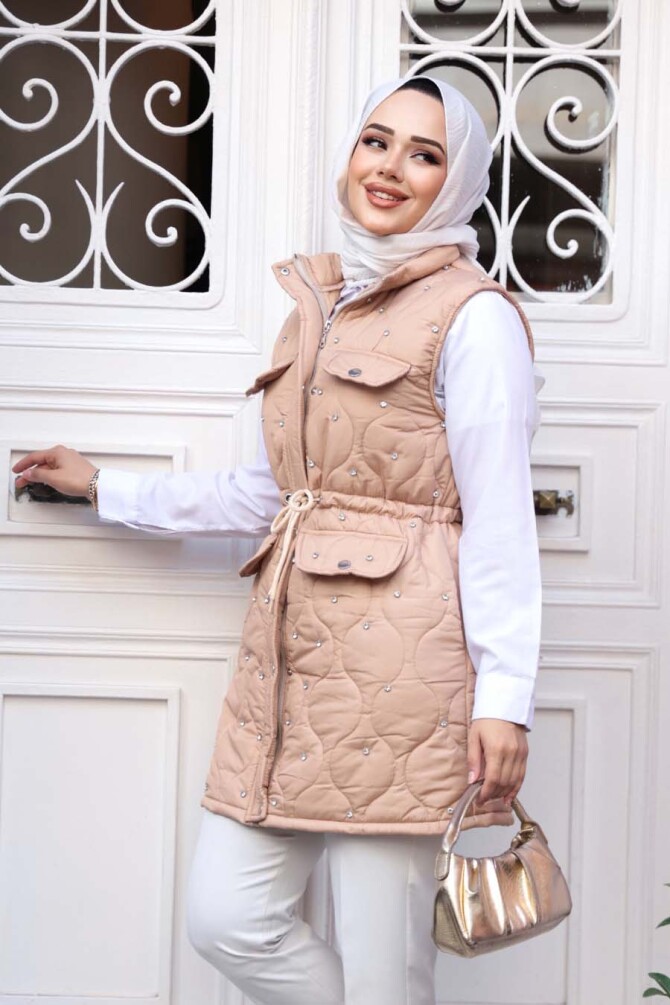 Boncuk Detaylı Bisküvi Tesettür Şişme Yelek 80321BS - 3