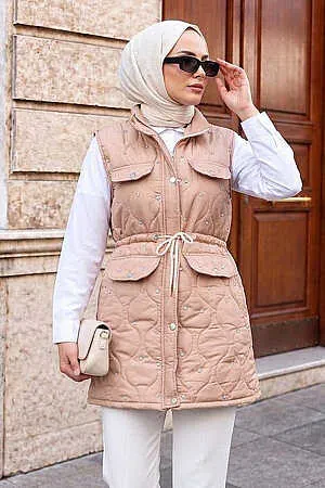 Boncuk Detaylı Bisküvi Tesettür Şişme Yelek 80321BS - NEVA STYLE