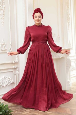 Boncuk Detaylı Bordo Tesettür Abiye Elbise 52751BR 