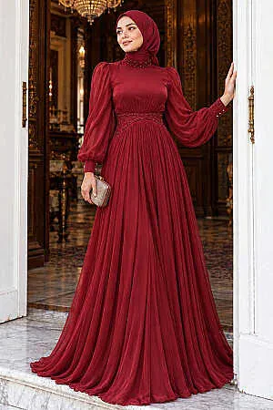 Boncuk Detaylı Bordo Tesettür Abiye Elbise 52751BR 