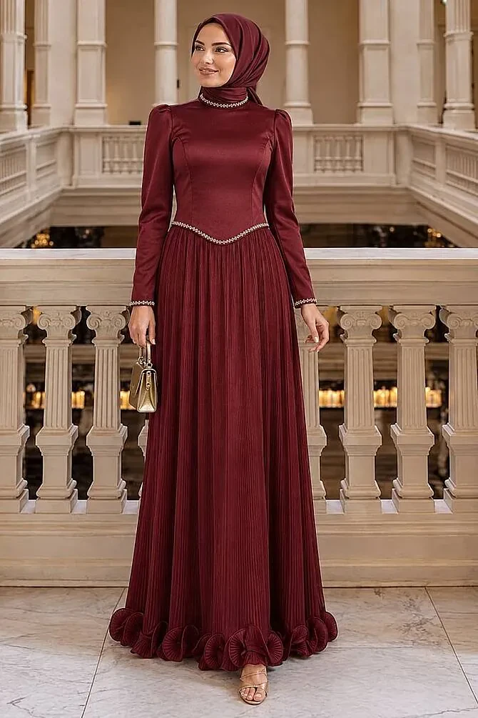  Boncuk Detaylı Bordo Tesettür Abiye Elbise 54981BR - 1
