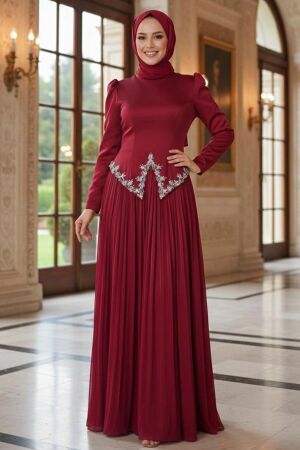  - Boncuk Detaylı Bordo Tesettür Abiye Elbise 55141BR - 1