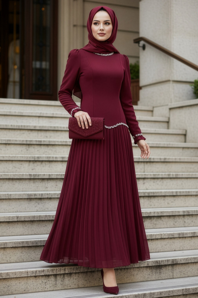 - Boncuk Detaylı Bordo Tesettür Abiye Elbise 55212BR - 1