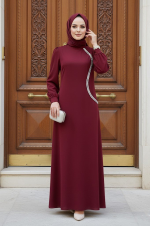 - Boncuk Detaylı Bordo Tesettür Saten Abiye Elbise 62281BR 