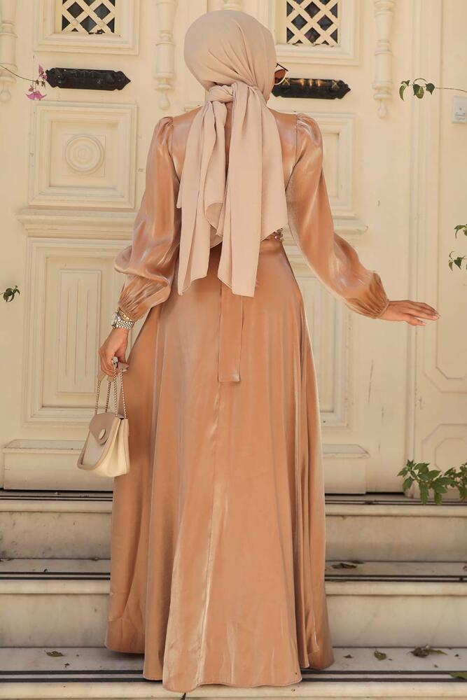  Boncuk Detaylı Camel Tesettür Abiye Elbise 23301C - 3