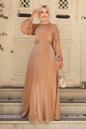  Boncuk Detaylı Camel Tesettür Abiye Elbise 23301C 