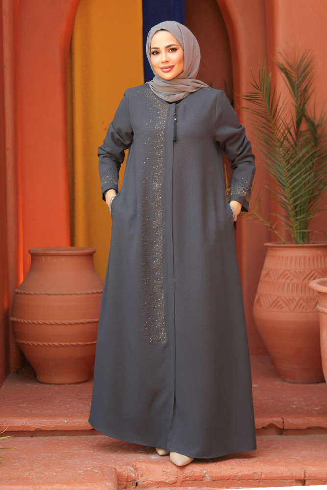 Boncuk Detaylı Füme Tesettür Abaya 26331FU - 1