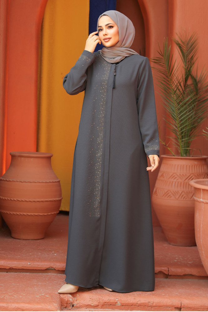 Boncuk Detaylı Füme Tesettür Abaya 26331FU - 2