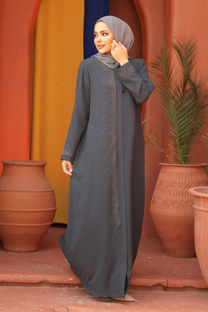 Boncuk Detaylı Füme Tesettür Abaya 26331FU - 3