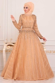 Boncuk Detaylı Gold Tesettür Abiye Elbise 4691GOLD - Thumbnail