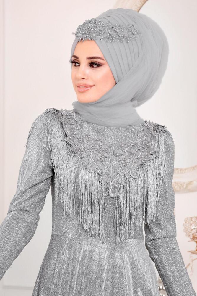 Boncuk Detaylı Gri Tesettür Abiye Elbise 20670GR - 3