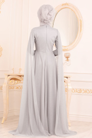 Boncuk Detaylı Gri Tesettür Abiye Elbise 2093GR - Thumbnail