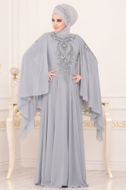 Boncuk Detaylı Gri Tesettürlü Abiye Elbise 8485GR - Thumbnail