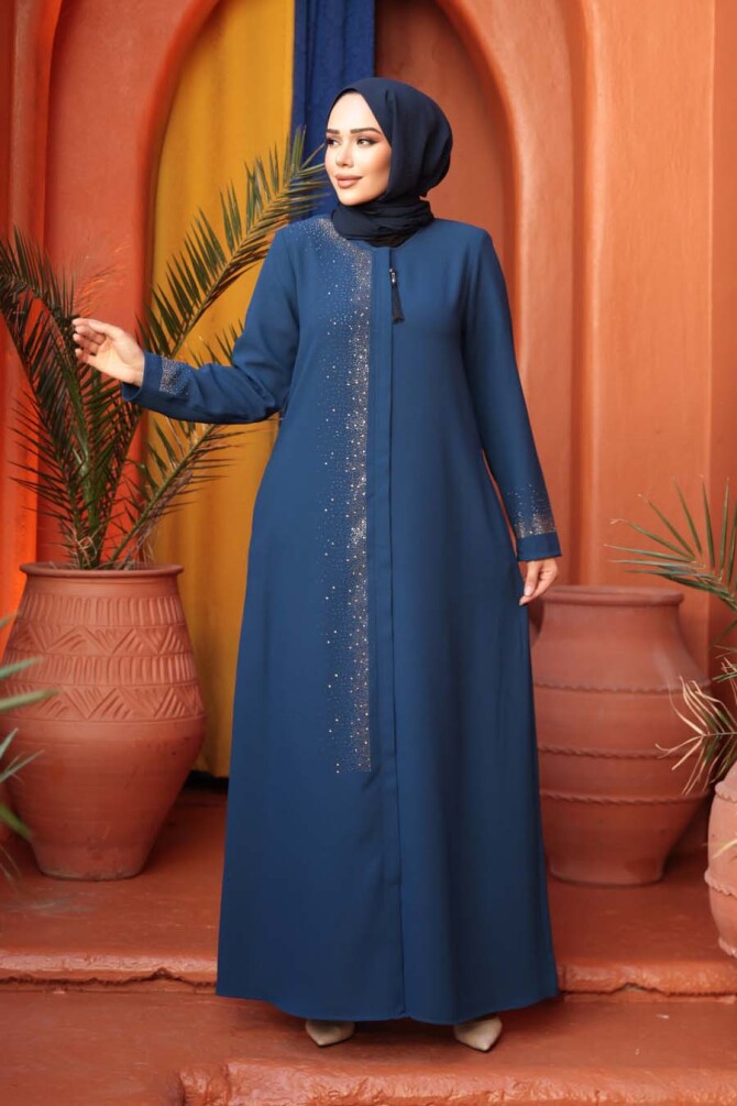 Boncuk Detaylı İndigo Mavisi Tesettür Abaya 26331IM - 1