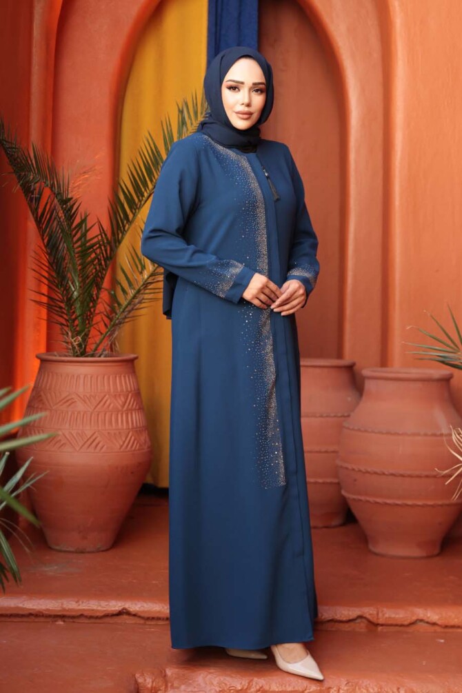 Boncuk Detaylı İndigo Mavisi Tesettür Abaya 26331IM - 2